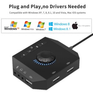 USB Hub with Audio Adapter, Tendak External Sound Card with 3.5mm Headphone Microphone Jack and Volume Control 3 Port USB Hub for Laptop PC HDD Disk