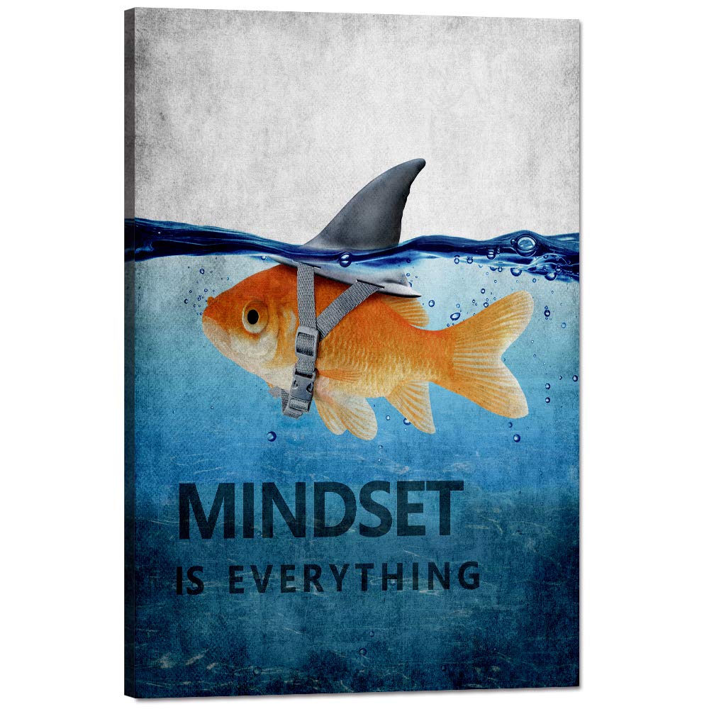 Goldfish Shark Motivational Poster Mindset is Everything Inspiring Canvas Wall Art Pictures Prints Framed Modern Home Decoration Artwork Great Gift Gym Living Room Bedroom Office(12''W x 18''H)