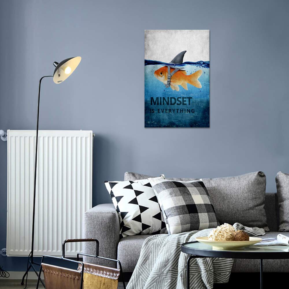 Goldfish Shark Motivational Poster Mindset is Everything Inspiring Canvas Wall Art Pictures Prints Framed Modern Home Decoration Artwork Great Gift Gym Living Room Bedroom Office(12''W x 18''H)