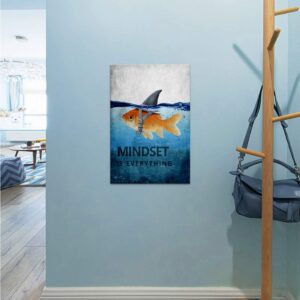 Goldfish Shark Motivational Poster Mindset is Everything Inspiring Canvas Wall Art Pictures Prints Framed Modern Home Decoration Artwork Great Gift Gym Living Room Bedroom Office(12''W x 18''H)