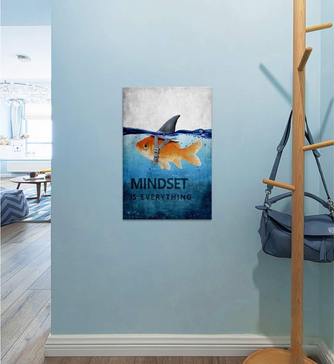 Goldfish Shark Motivational Poster Mindset is Everything Inspiring Canvas Wall Art Pictures Prints Framed Modern Home Decoration Artwork Great Gift Gym Living Room Bedroom Office(12''W x 18''H)