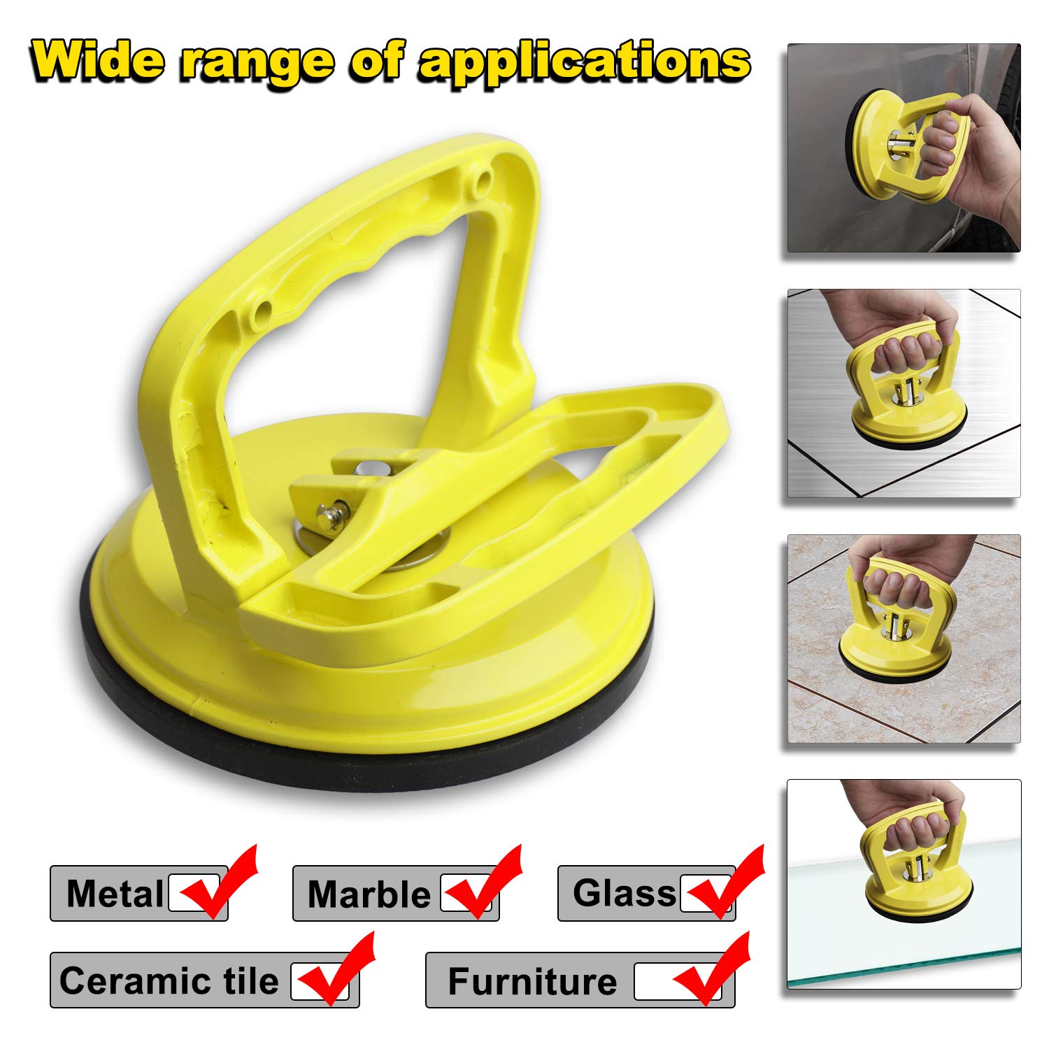 FCHO Glass Suction Cup Heavy Duty Aluminum Vacuum Plate Puller Handle Holder Hooks Duty Galss Lifting/Tile Suction Cup Lifter/Moving Glass/Pad for Lifting (Yellow, 2Pack)