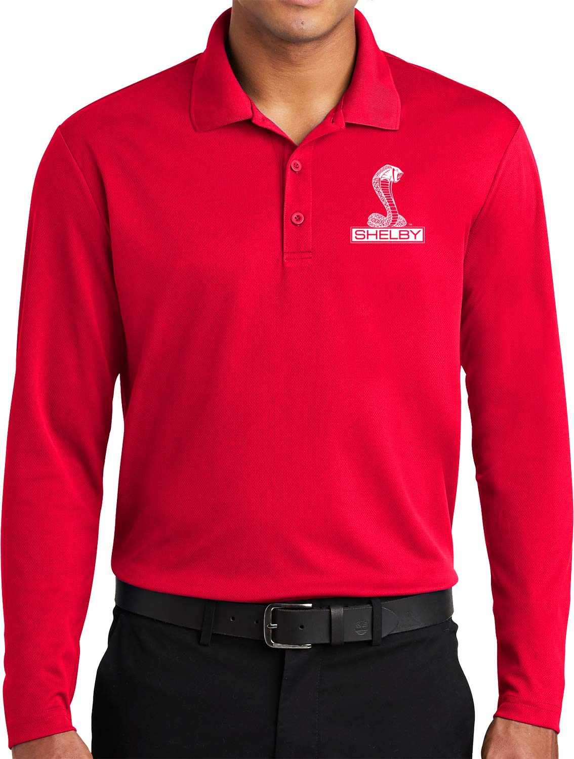 Ford Mustang Shelby Crest Pocket Print Long Sleeve Polo, Red Medium