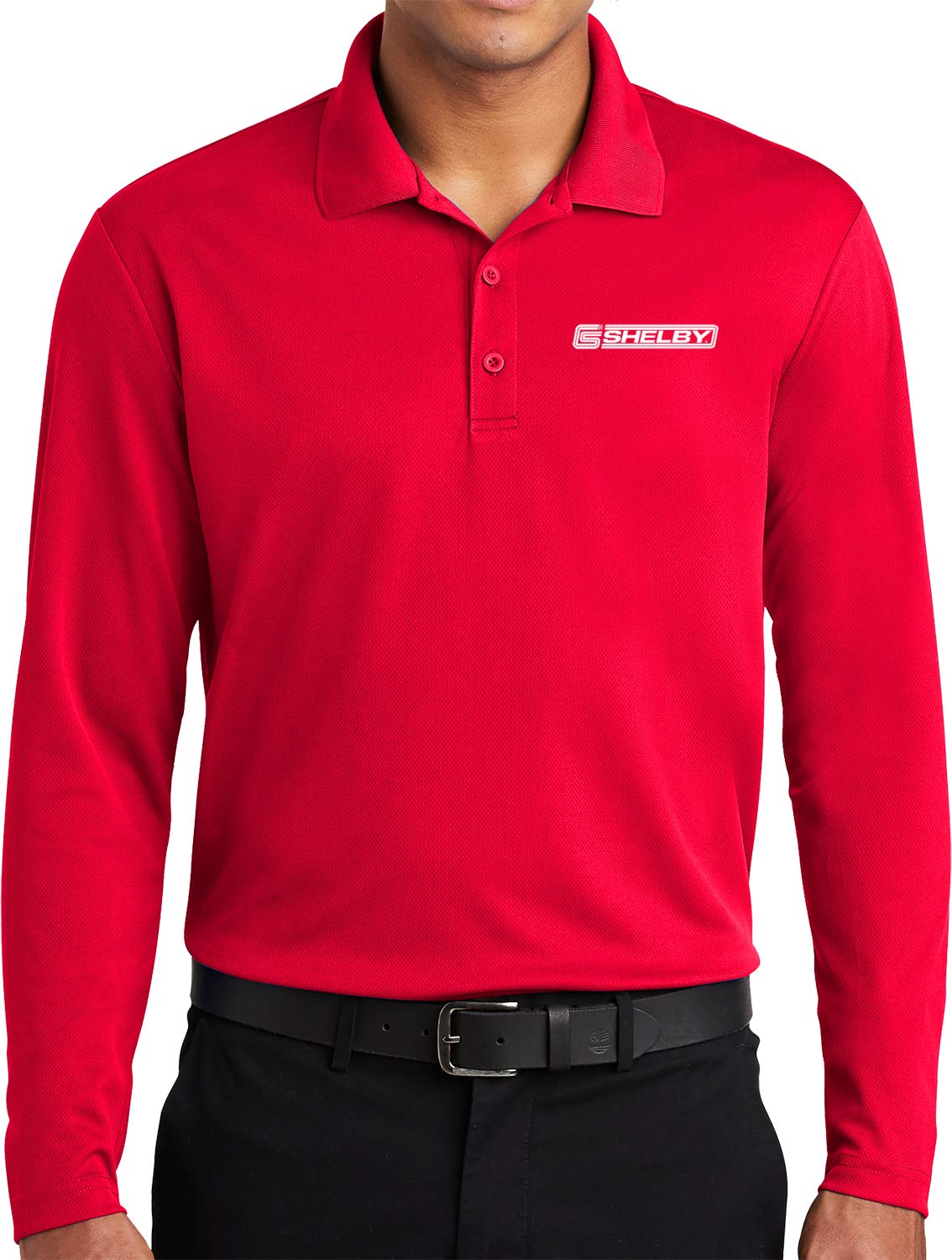 Ford Mustang Shelby Crest Pocket Print Long Sleeve Polo, Red Small