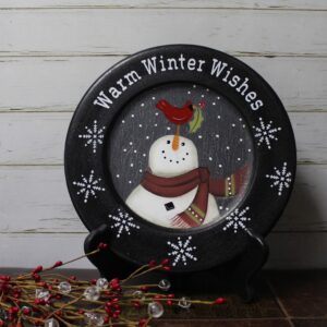 CVHOMEDECO. Snowman and Little Bird Decorative Plate Primitives Vintage Round Display Wooden Plate Home Décor Art, 9-3/4 Inch