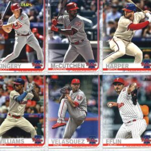 2019 Topps Series 2 Baseball Philadelphia Phillies Team Set of 10 Cards: Andrew McCutchen(#395), Bryce Harper(#400), Roman Quinn(#430), Zach Eflin(#455), Scott Kingery(#472), Vince Velasquez(#480), Aaron Altherr(#534), Nick Williams(#543), Tommy Hunter(#6