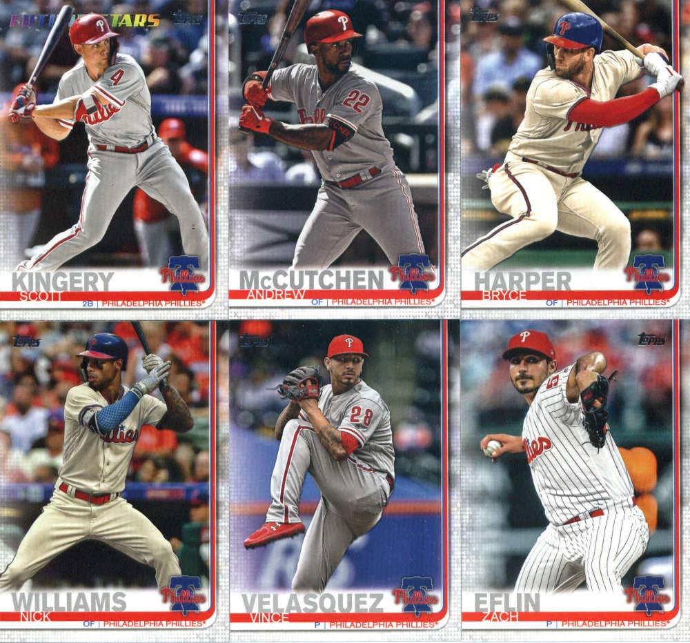 2019 Topps Series 2 Baseball Philadelphia Phillies Team Set of 10 Cards: Andrew McCutchen(#395), Bryce Harper(#400), Roman Quinn(#430), Zach Eflin(#455), Scott Kingery(#472), Vince Velasquez(#480), Aaron Altherr(#534), Nick Williams(#543), Tommy Hunter(#6