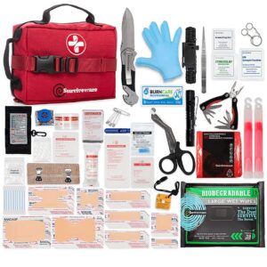 surviveware survival first aid kit - emergency preparedness at home, car, office, hiking, camping & outdoors activities - 180 pcs medical supplies w/removable molle system & labeled compartments
