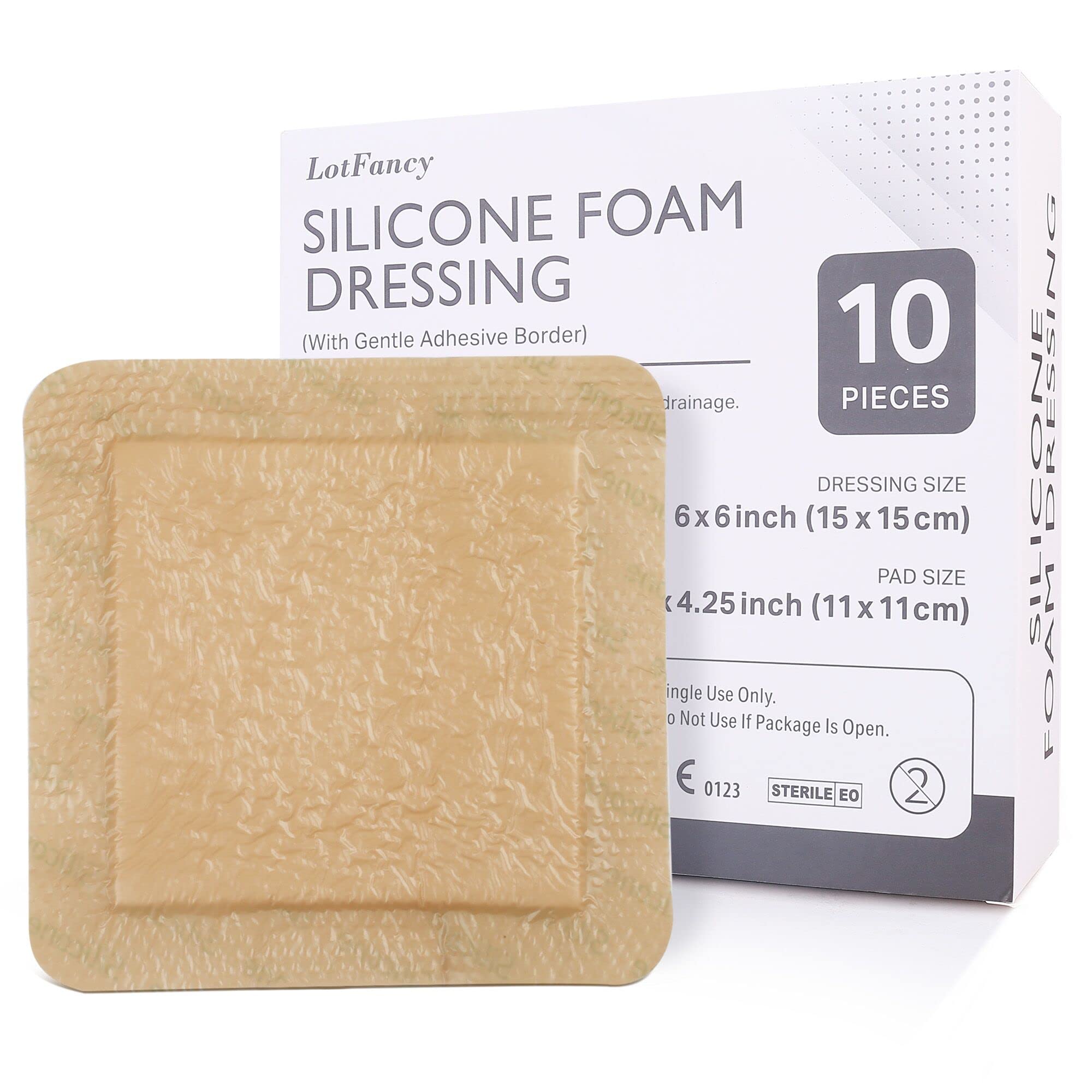 LotFancy Silicone Foam Dressing, 6"x 6" (4.3" x 4.3" Pad), 10 Count, Wound Dressing with Border, Bed Sores, Pressure Ulcers Healing Bandage Pad, Highly Absorbent, Waterproof