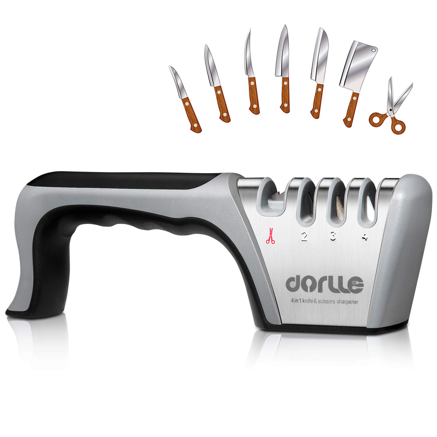 Dorlle Knife Sharpener, Upgraded 4-Stage Manual Chef Knife Sharpener to Help Repair, Restore and Polish Blades （Black）