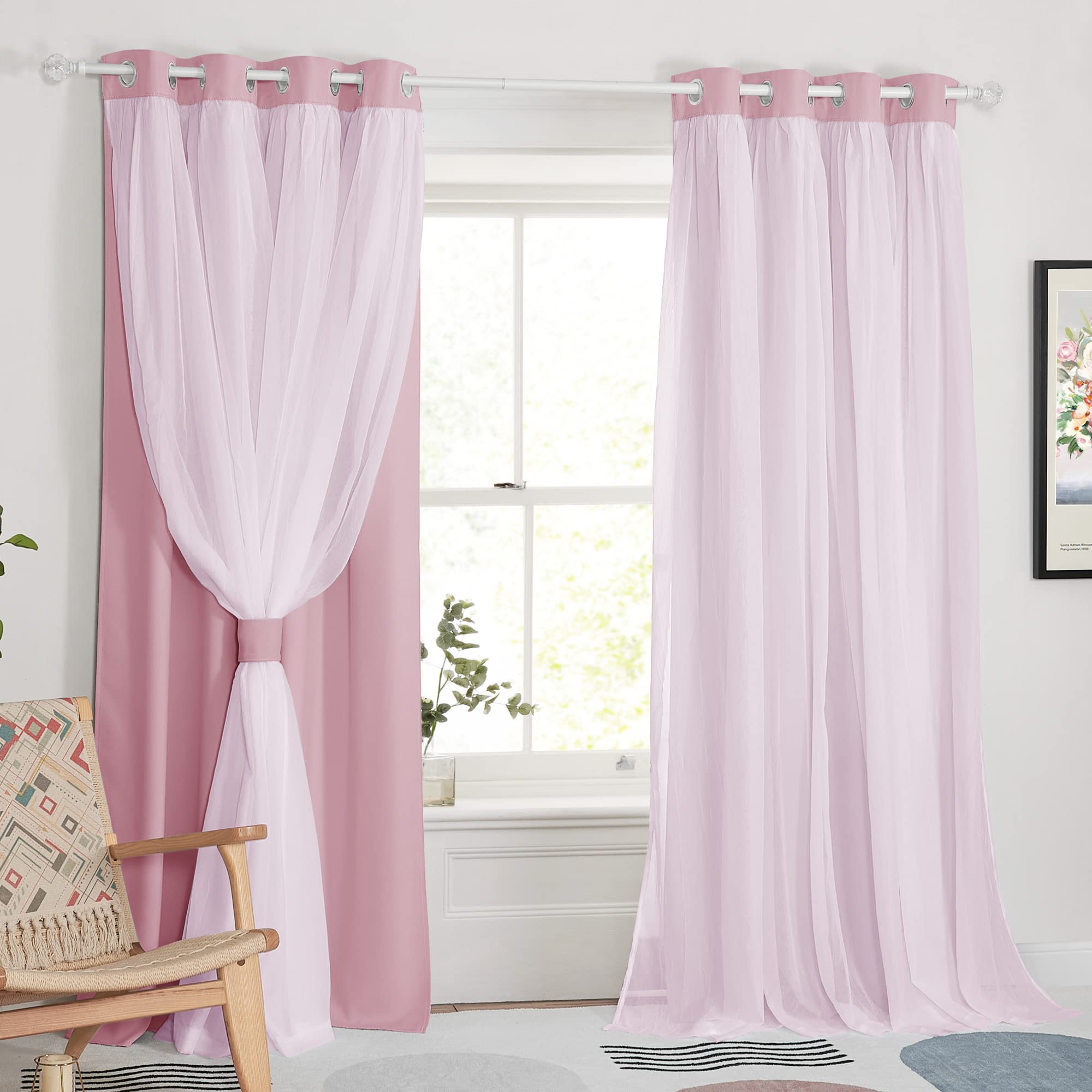 PONY DANCE Nursery Curtains Pink - Curtains for Bedroom Decor Aesthetic Cute Double Layer with Sheer Overlay Windows Covering, 52 x 84 inches, Light Pink, 2 Panels