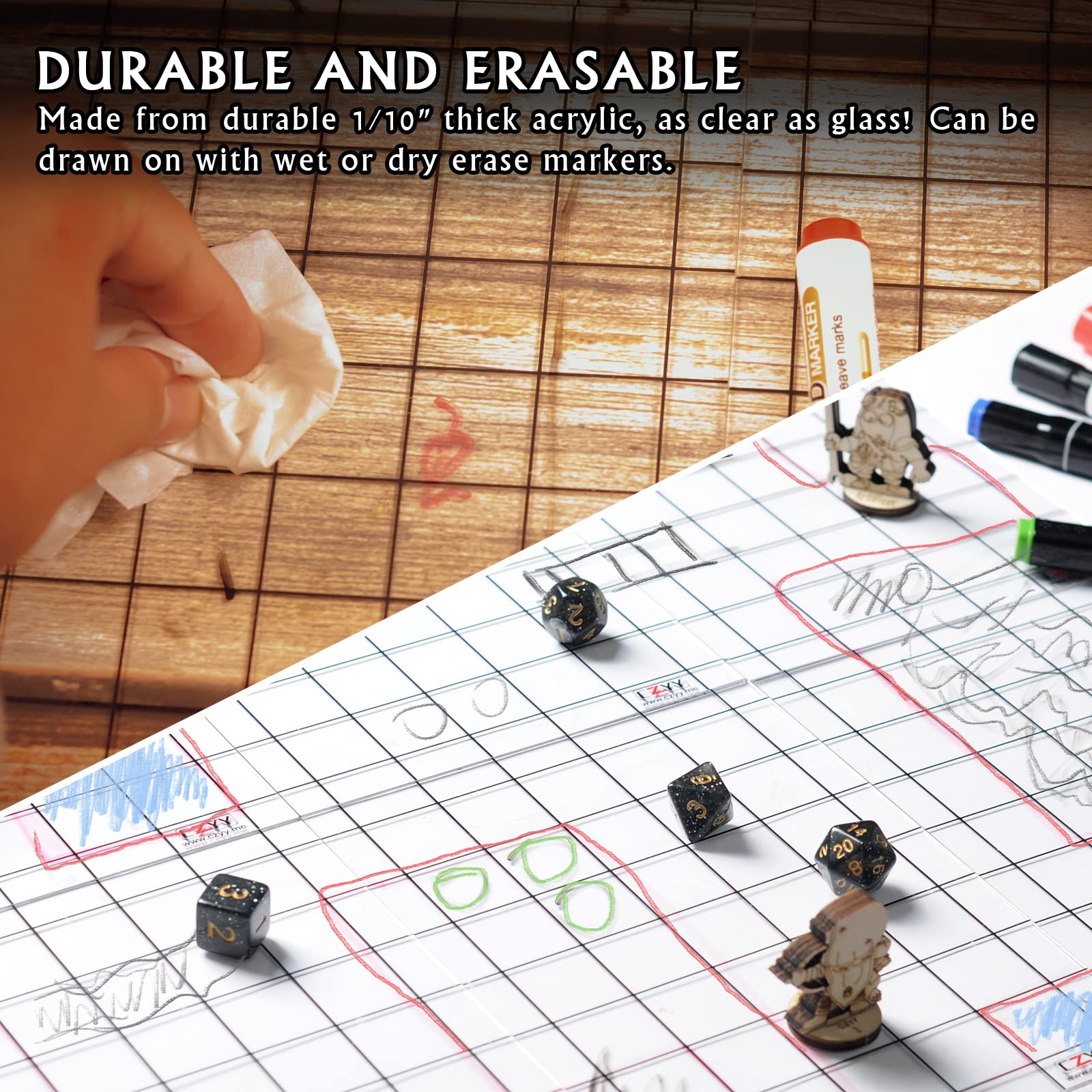 CZYY Acrylic Game Mat 1" Square Grid Overlay Set of 2, 6"x8" Battle Map Board Clear & Durable - Great for Dungeons and Dragons, Pathfinder and Other Tabletop RPG