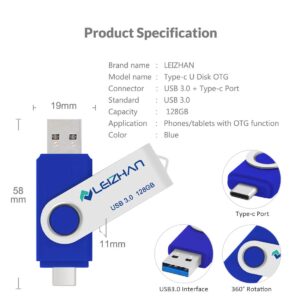 leizhan 128GB Dual Port USB C Flash Drive Picture Stick Compatible with Samsung Galaxy S10+, S10e, S10,S9, Note 9, S8, S8 Plus, Blue