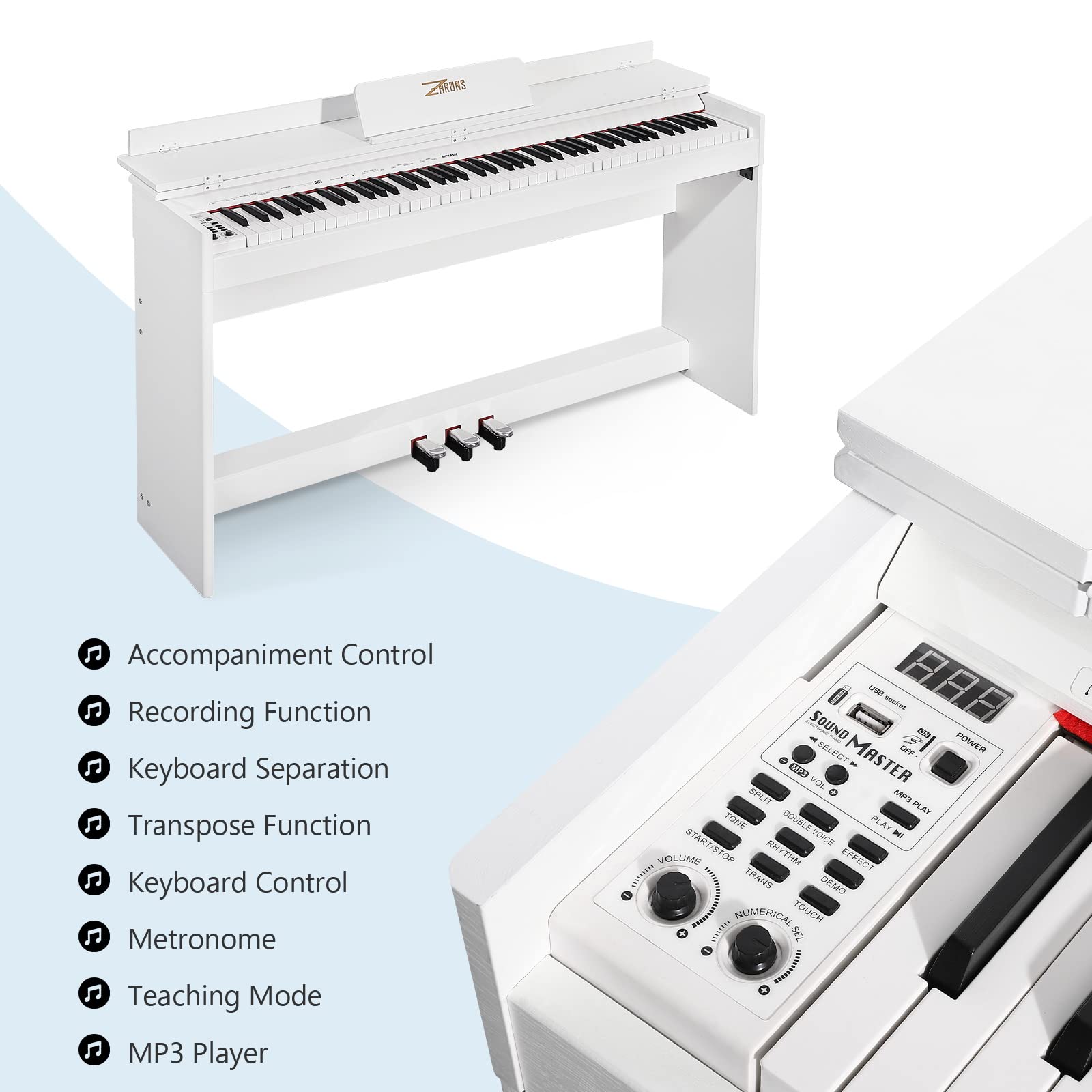 ZHRUNS Digital Piano 88 Key Full-Size Weighted Keyboard Piano,MP3 Function, Remote Control, Power Supply, 3 Pedals, MIDI/Headphone/Audio Output Feature, Suitable for Beginners/Adults