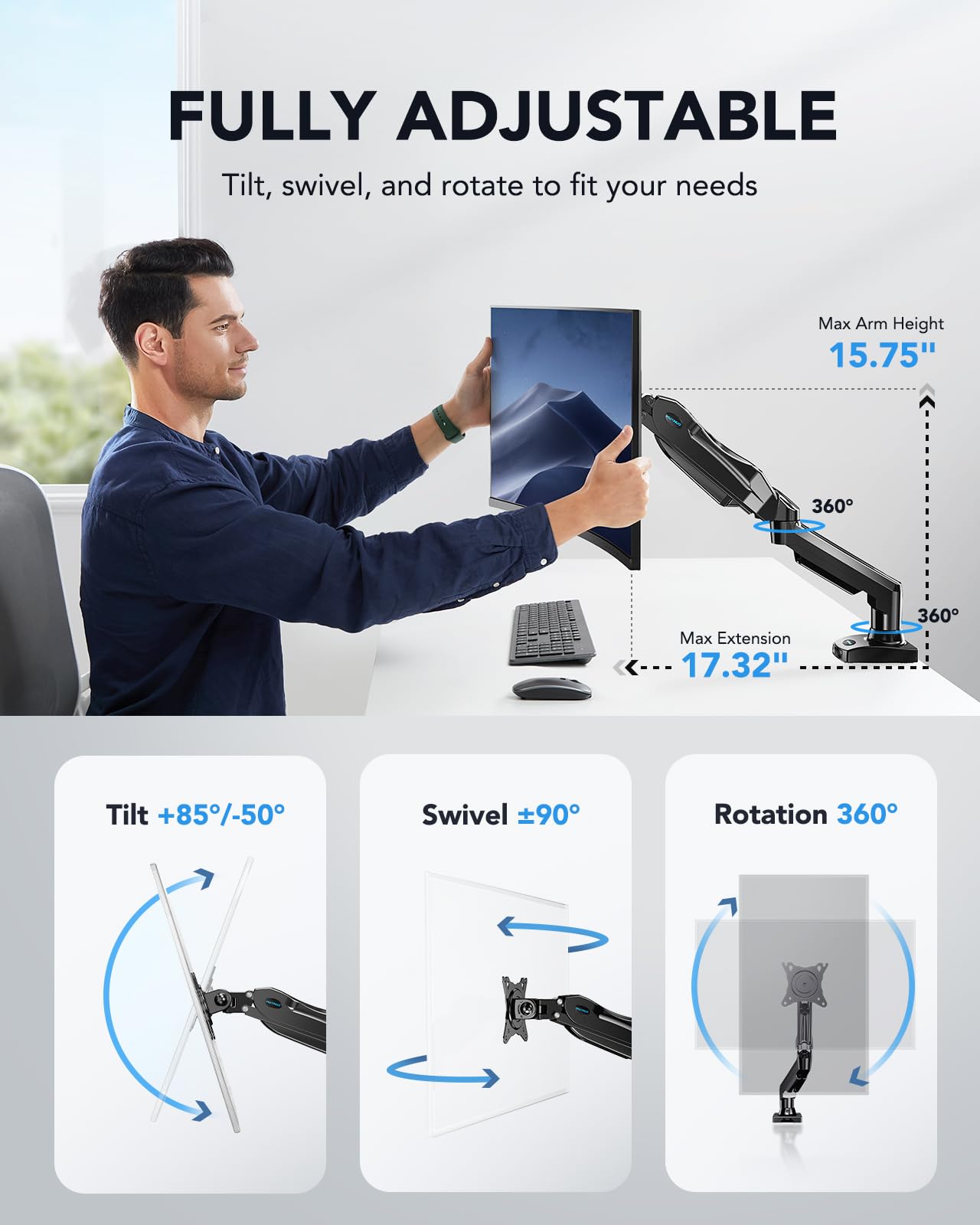 HUANUO Single Monitor Mount, 13 to 32 Inch Gas Spring Monitor Arm, Adjustable Stand, Vesa Mount with Clamp and Grommet Base - Fits 4.4 to 19.8lbs LCD Computer Monitors