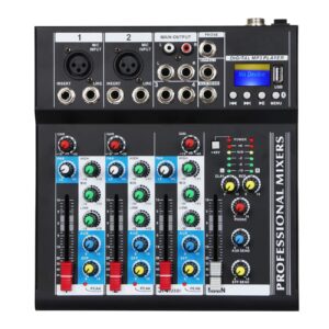 depusheng ht4 bluetooth compatible professional portable digital dj console w/usb 4 channel mixer audio interface-mixing boards for studio recording, black