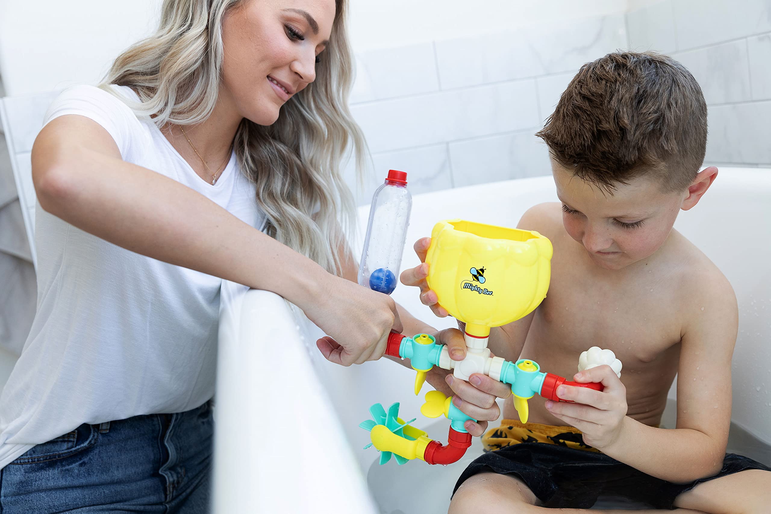 Mighty Bee Bath Toy - Toddler Bath Toys for Kids Ages 4-8, Engaging STEM Bathtub Toys - Original Pipes N Valves Set - 12 Pieces