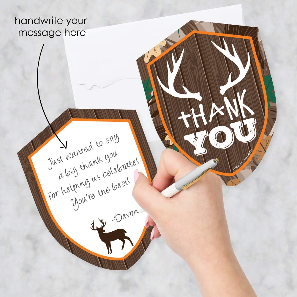 Big Dot of Happiness Gone Hunting - Shaped - Deer Hunting Camo Baby Shower or Birthday Party Thank You Note Cards with Envelopes - Set of 12