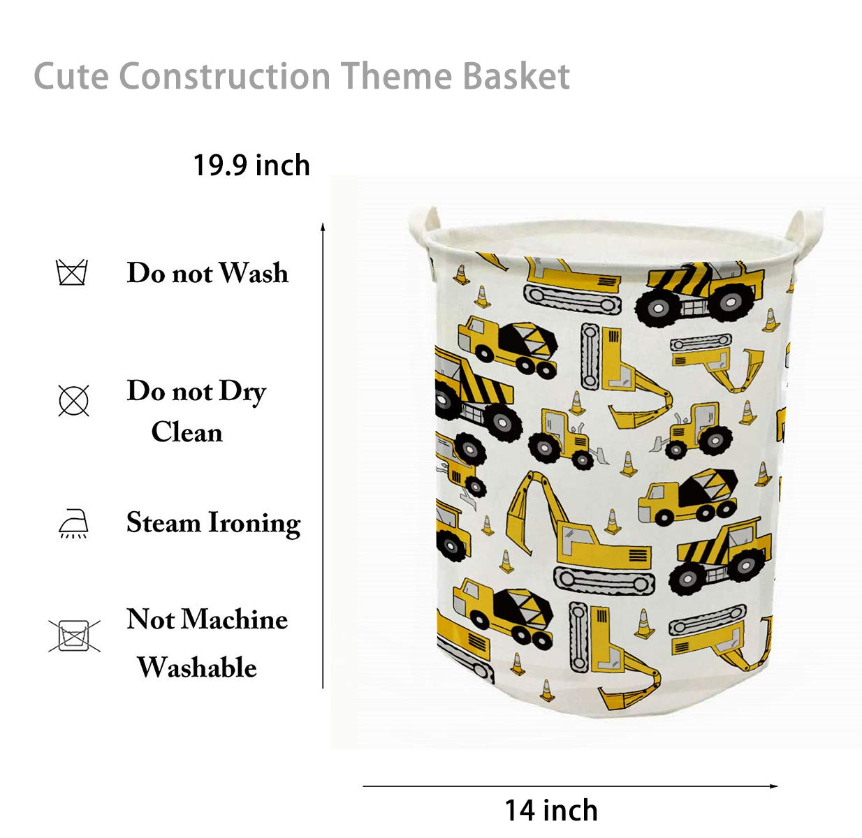 Runtoo 19.7" Large Sized Laundry Hamper Waterproof Foldable Canvas Construction Transports Theme Bucket Clothing Laundry Basket with Handles for Storage Bins Kids Room Home Organizer Nursery Storage