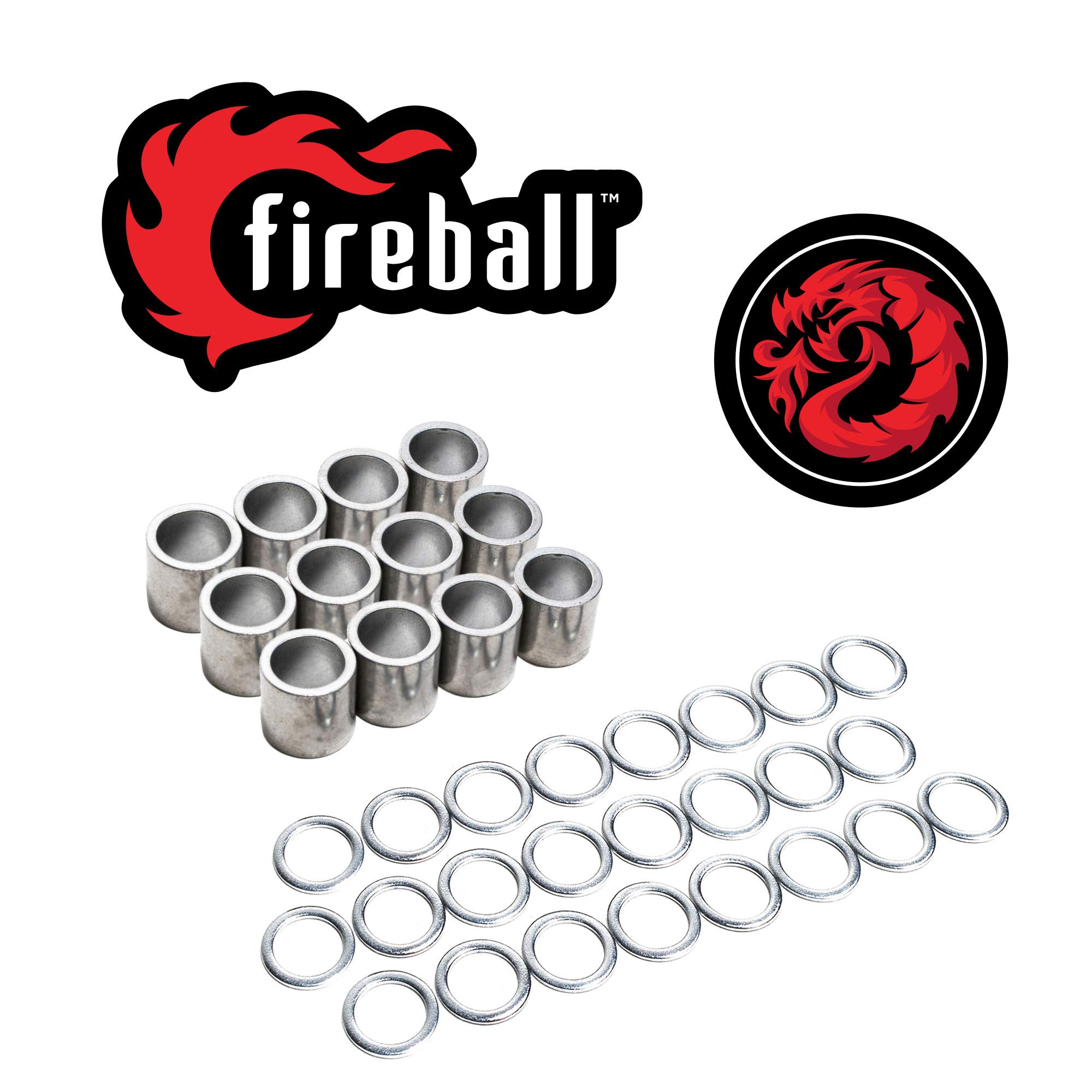 Fireball Dragon Spacers and Washers for Skateboards and Longboards (24 Rings, 12 Spacers) (Silver)