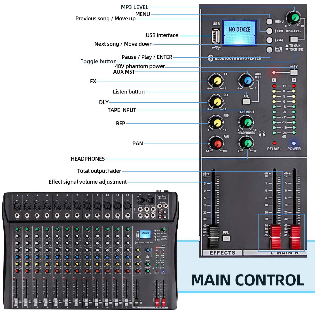 Depusheng DT12 Studio Audio Mixer 12-Channel DJ Sound Controller Interface w/USB Drive for Computer Recording Input, XLR Microphone Jack, 48V Power, RCA Input/Output for Professional and Beginners