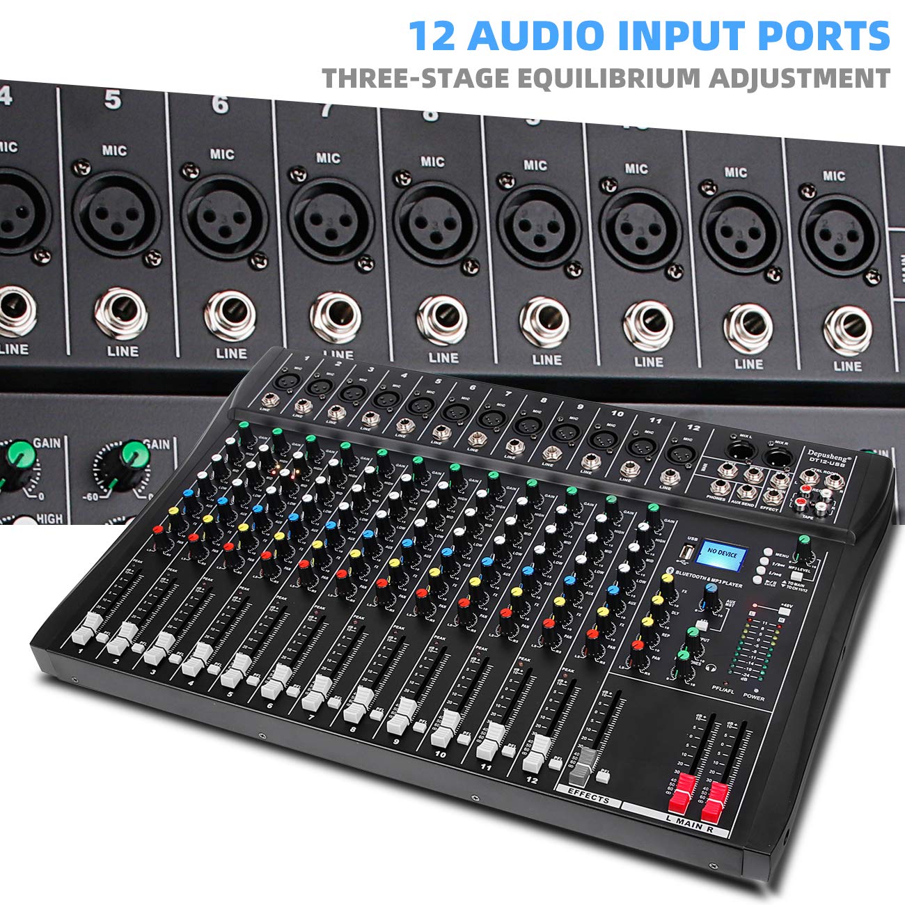 Depusheng DT12 Studio Audio Mixer 12-Channel DJ Sound Controller Interface w/USB Drive for Computer Recording Input, XLR Microphone Jack, 48V Power, RCA Input/Output for Professional and Beginners