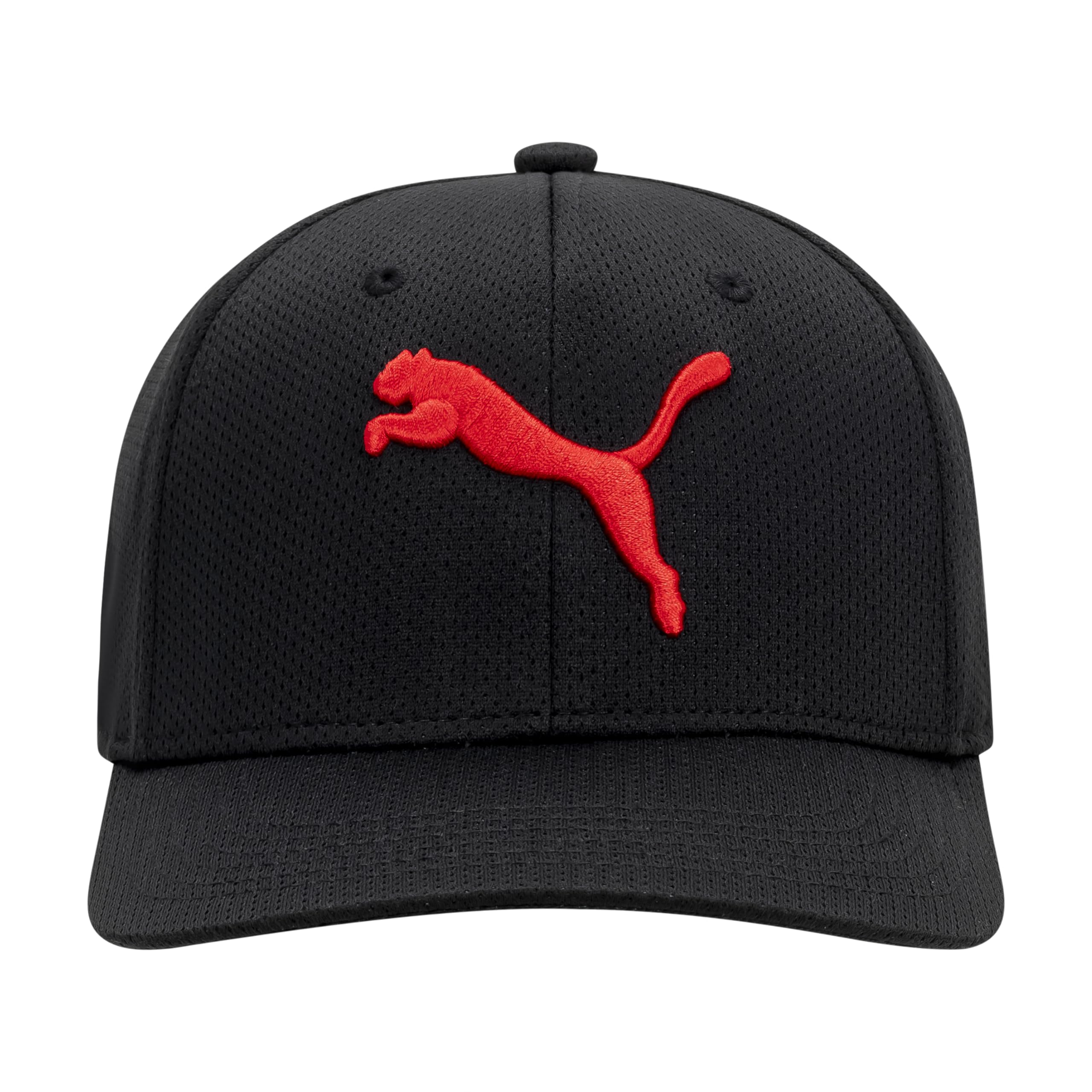 PUMA unisex adult Evercat Mesh Stretch Fit Baseball Cap, Black/Big Red, Small-Medium US