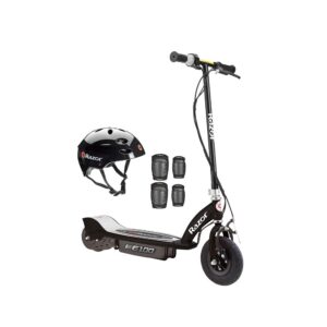 razor e100 kids ride on 24v motorized powered electric scooter toy, speeds up to 10 mph with helmet and safety elbow knee pad set, black