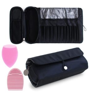 portable makeup brush organizer makeup brush bag for travel can hold 20+ brushes cosmetic bag makeup brush roll up case pounch holder for woman with bonus brush cleaning mat and makeup sponge