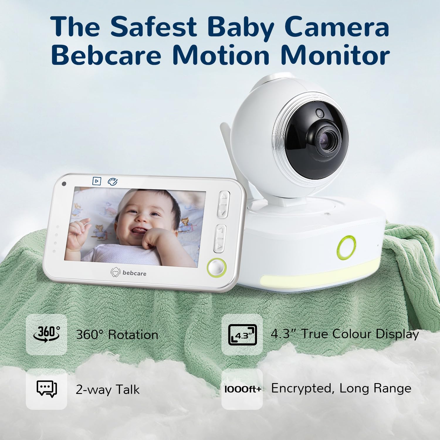 Bebcare Motion - Smart Video Baby Monitor: 4.3" Ultra-Clear Screen, 360° Pan-and-Tilt Camera, Temperature Sensor, Motion and Sound Alert, Auto Baby Tracking Camera (Without Breathing Sensor Mat)