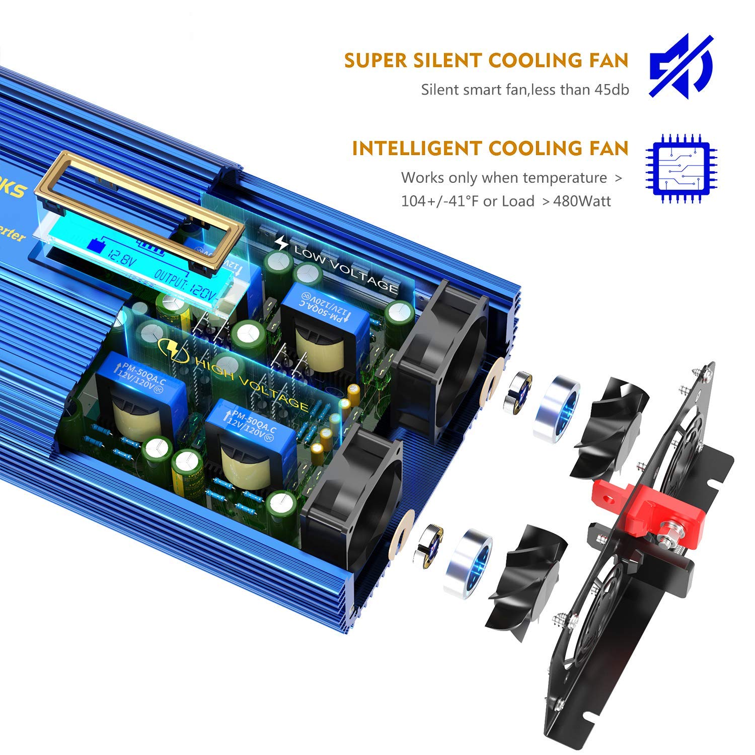 1500W Pure Sine Wave Power Inverter DC 12v to AC 110V-120V with Remote Control LCD Display and 2x2.4A Dual USB Ports 3 AC Outlets for Home RV Truck by VOLTWORKS