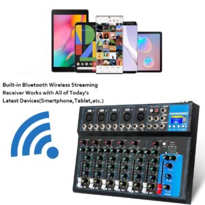 Depusheng HT7 Bluetooth Portable Audio Mixer w/USB DJ Sound Mixing Console MP3 Jack 48V Power for Computer Recording, 7-Channel Bands Mixing Boards For Studio Recording