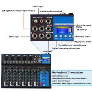 Depusheng HT7 Bluetooth Portable Audio Mixer w/USB DJ Sound Mixing Console MP3 Jack 48V Power for Computer Recording, 7-Channel Bands Mixing Boards For Studio Recording