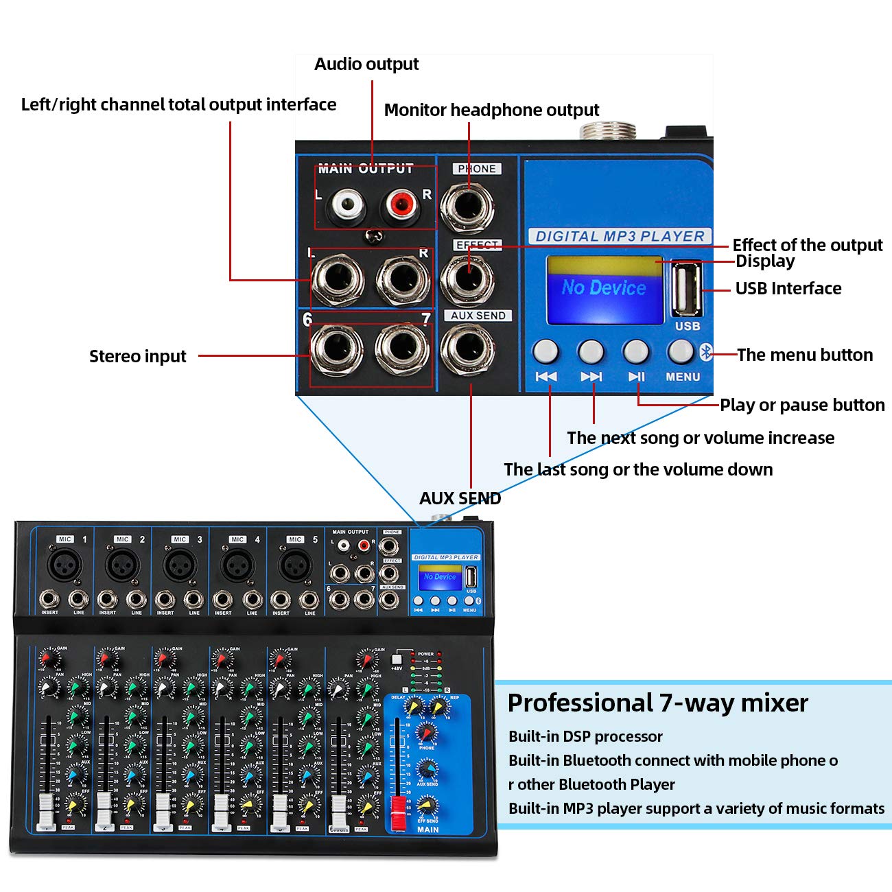 Depusheng HT7 Bluetooth Portable Audio Mixer w/USB DJ Sound Mixing Console MP3 Jack 48V Power for Computer Recording, 7-Channel Bands Mixing Boards For Studio Recording