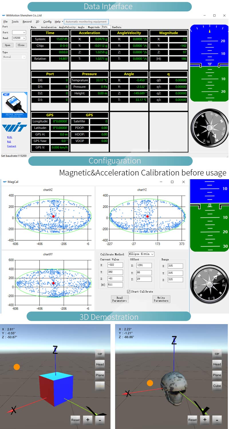 [Bluetooth 5.0 Accelerometer+Inclinometer] WT901BLECL MPU9250 High-Precision 9-axis Gyroscope+Angle(XY 0.2° Accuracy)+Magnetometer Compass with Kalman Filter, Low-Power 3-axis AHRS IMU Tilt Sensor