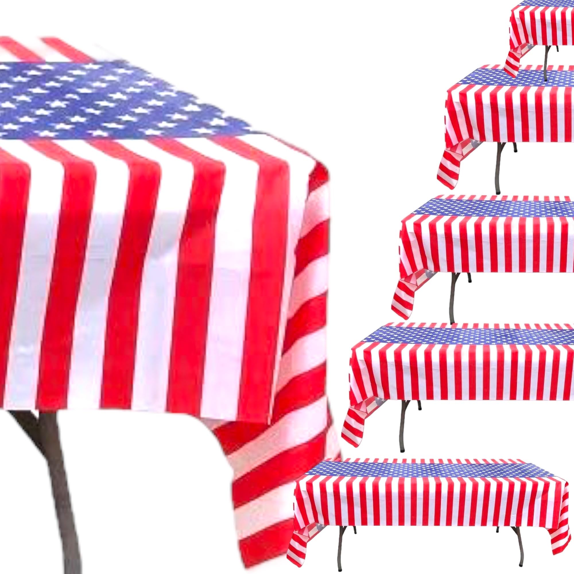 Oojami Pack of 6 American Themed Plastic Tablecloths | Red, White, Blue Striped | Disposable Rectangular Cover (54"x108") | Perfect for 4th of July Parties & Picnics