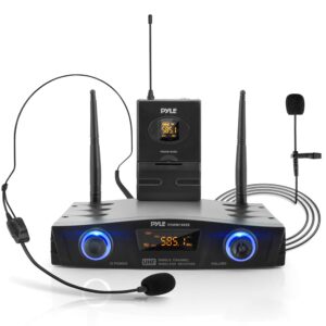 pyle compact uhf wireless microphone system - pro portable 1 channel desktop digital mic receiver set w/ belt-pack transmitter, receiver, headset and lavalier mics, xlr, for home, pa pdwm1988b,black
