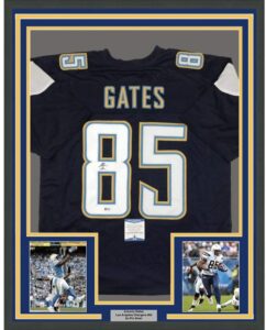 framed autographed/signed antonio gates 33x42 los angeles la dark blue football jersey beckett bas coa