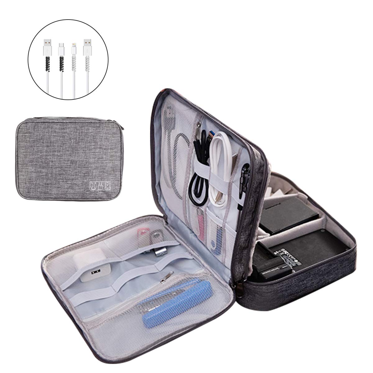 Electronics Organizer, OrgaWise Electronic Accessories Bag Travel Cable Organizer Three-Layer for iPad Mini, Kindle, Hard Drives, Cables, Chargers (Three-Layer-Grey)