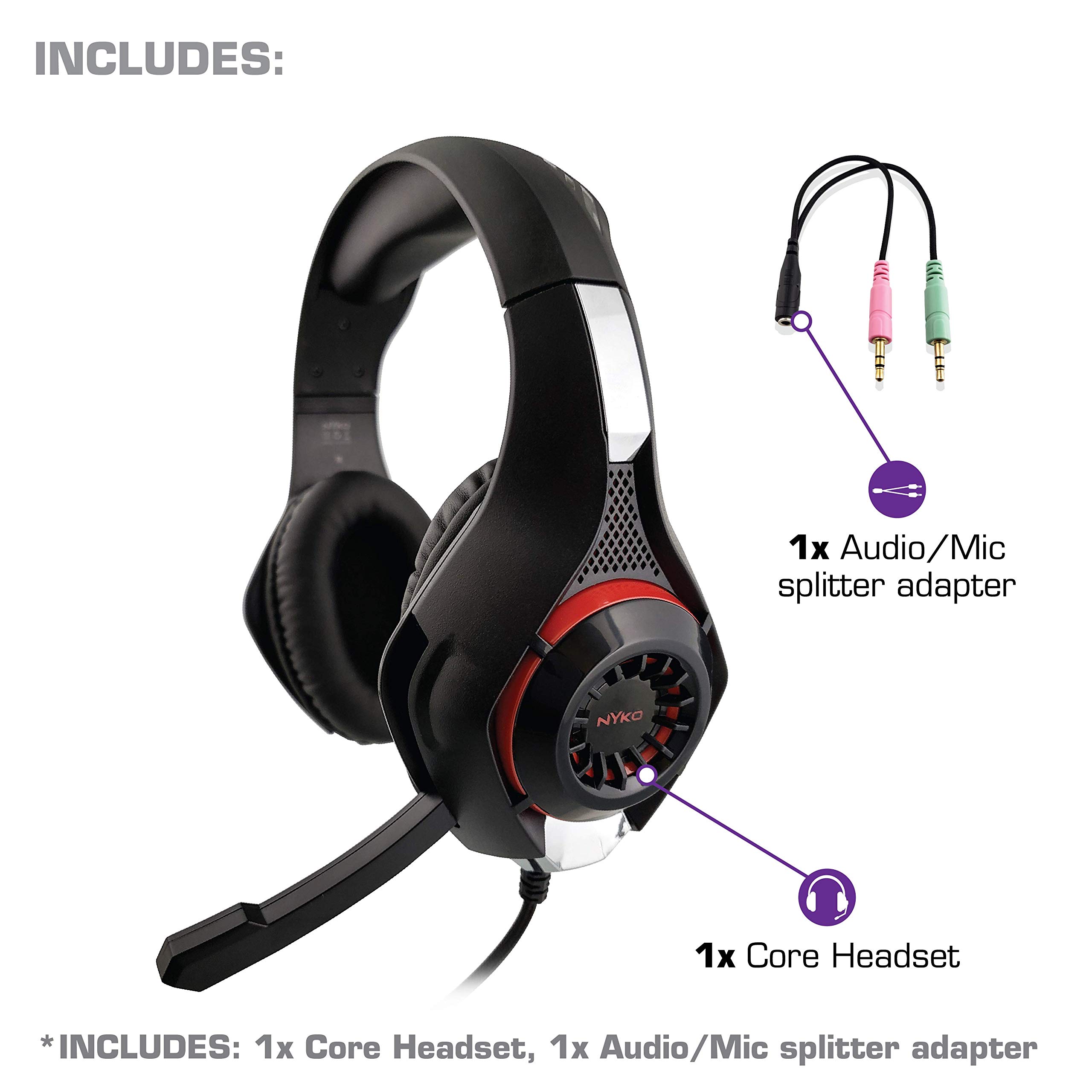 Nyko Core Universal Stereo Gaming Headset w/Retractable Microphone, Red LEDs & Soft Ear Cushions - Perfect for PS5, PS4, Xbox, PC & Nintendo Switch Gaming!