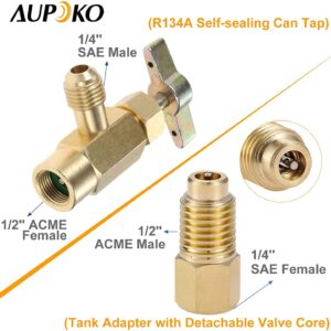 Aupoko R134A Self-Sealing Can Tap with R134A Tank Adapter, 1/2’’ Acme to 1/4’’ SAE Refrigerant Can Bottle Tap Opener with 1/4’’ SAE Female and 1/2’’ Acme Male Adapter