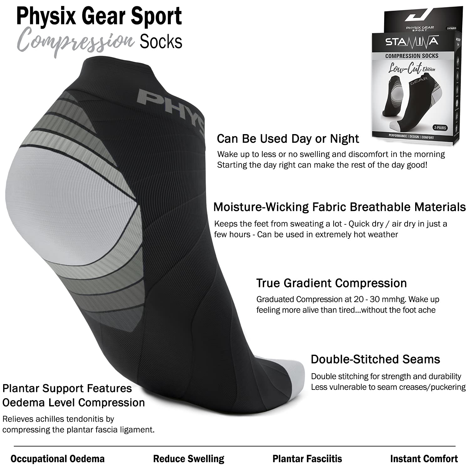 Physix Gear Sport Low Cut Socks Men & Women - Ankle Compression Running Socks (2Pair Blk-Gry L/XL)