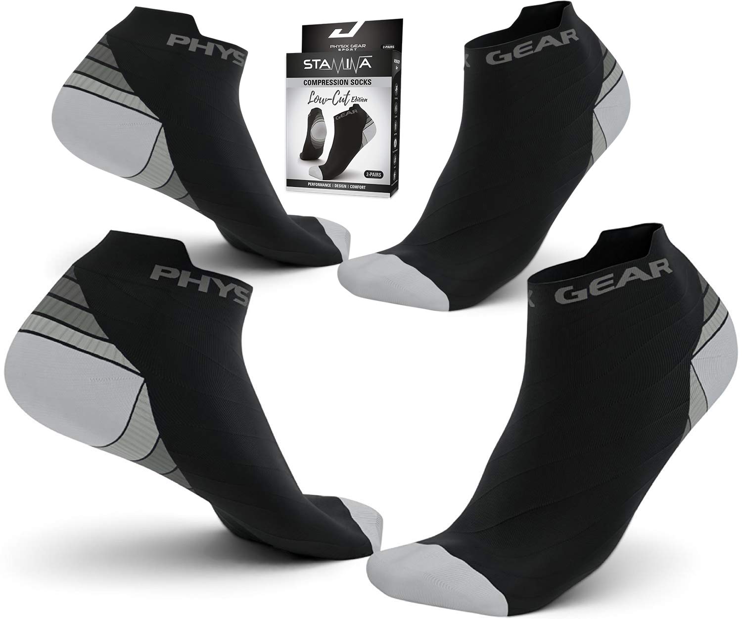 Physix Gear Sport Low Cut Socks Men & Women - Ankle Compression Running Socks (2Pair Blk-Gry L/XL)