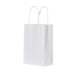 bagmad 100 pack sturdy small white kraft paper bags with handles bulk, gift bags 5.25x3.25x8 inch, craft grocery shopping retail party favors wedding bags sacks (white, 100pcs)