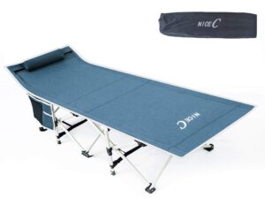 nice c camping cots, camping cots with mattress, for adults, folding cot, with pillow, carry bag & storage pocket, extra wide sturdy, holds up to 500 lbs (1, grey)