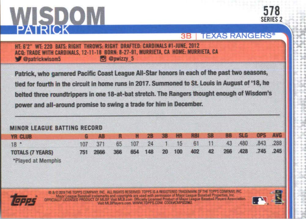 2019 Topps #578 Patrick Wisdom Texas Rangers Rookie Baseball Card