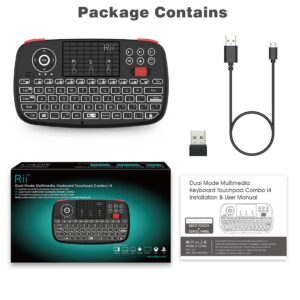 Rii (Upgrade) i4 Mini Bluetooth Keyboard with Touchpad, Blacklit Portable Wireless Keyboard with 2.4G USB Dongle for Smartphones, PC, Tablet, Laptop TV Box iOS Android Windows Mac.Black