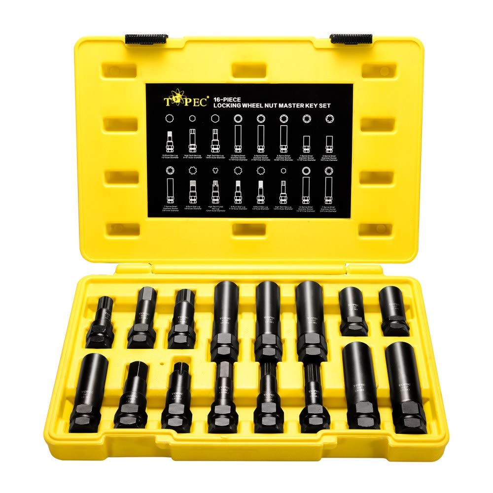 Topec 16 SAE Metric Piece Locking Lug Master Key Set, Wheel Lock Removal Kit for the Purpose of Easily Removing Locking Lug Nuts on Aftermarket Wheels