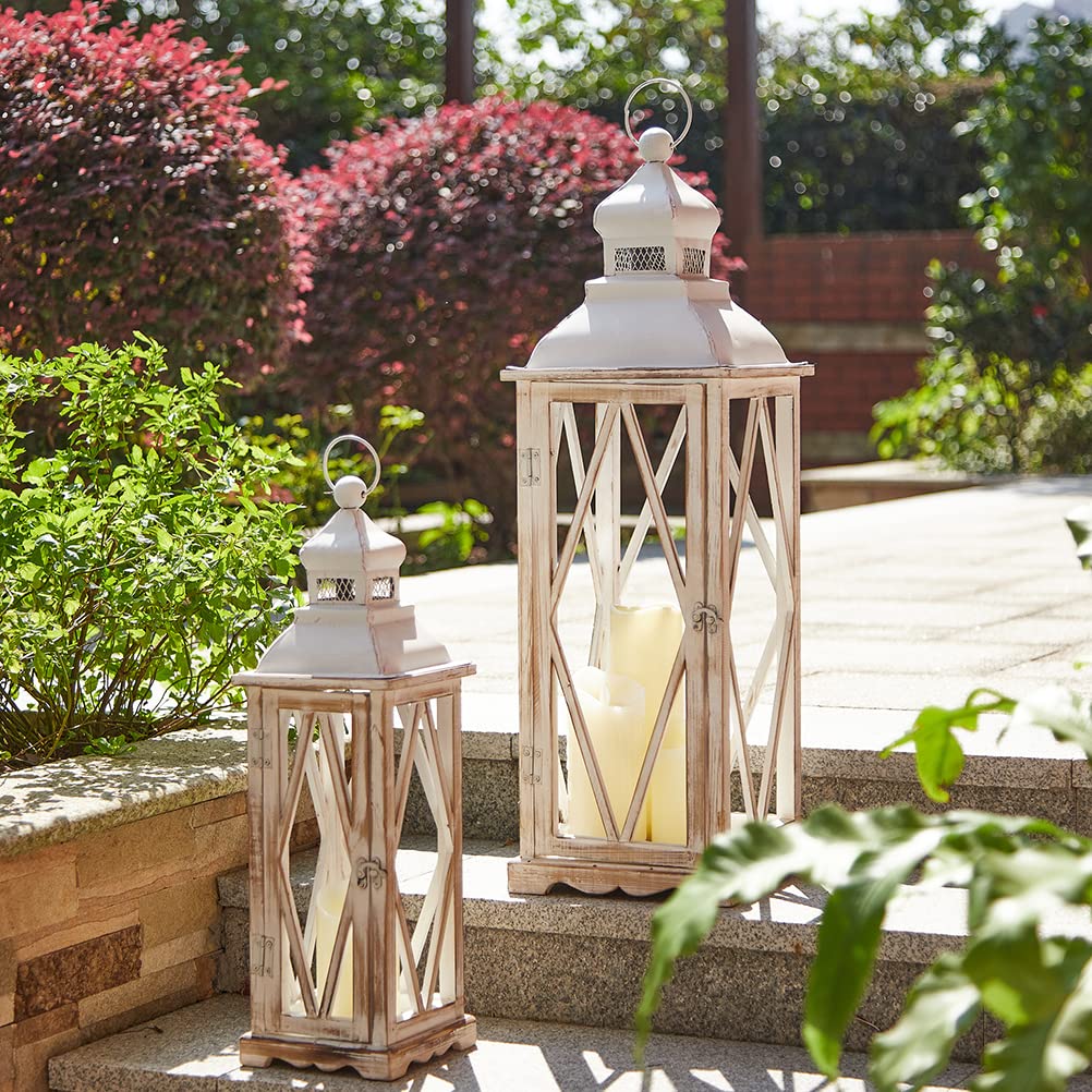 Glitzhome Farmhouse Wood Metal Lanterns Decorative Hanging Candle Lanterns White Set of 2 (No Glass)