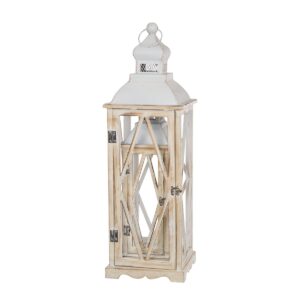 Glitzhome Farmhouse Wood Metal Lanterns Decorative Hanging Candle Lanterns White Set of 2 (No Glass)